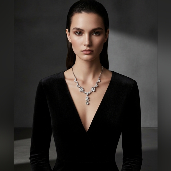 Unsigned Jewelry - Exquisite Silver-tone Y Drop Rhinestone Necklace